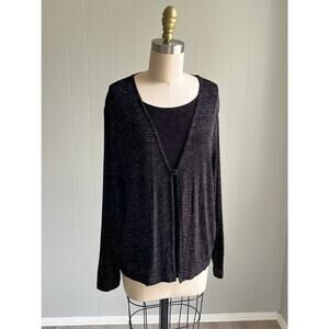 Vintage 90s Y2K Black Sparkly Cardigan Top Medium Whimsigoth Cyber Stretchy‎